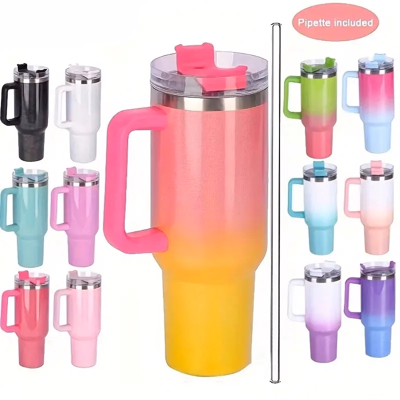 40oz Portable Rainbow Gradient Car Tumbler With Handle Straw