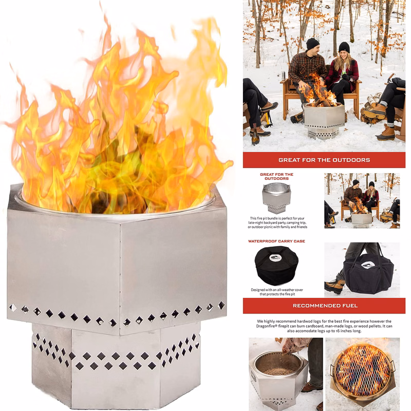 Portable Smokeless Firepit for Wood Logs or Pellets