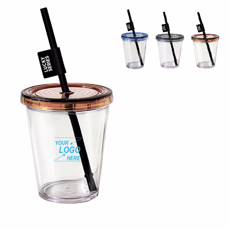 Reusable Plastic Coffee Cup with Straw and Lid