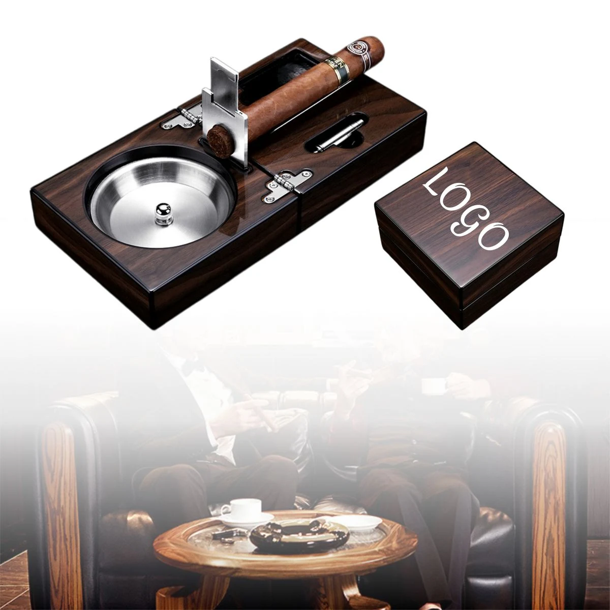 Folding Cigar Ashtray Gift Set With Cutter Punch And Holder 1