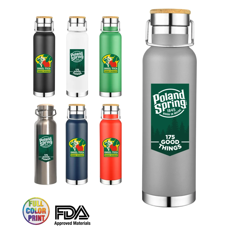 22 Oz. Powder Coated Double Wall Stainless Steel Vacuum Insulated Travel Bottle w/Bamboo Lid, custom water bottle with logo imprint 1
