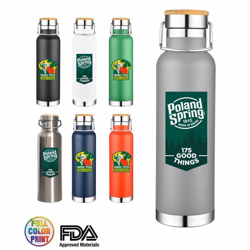 22 Oz. Powder Coated Double Wall Stainless Steel Vacuum Insulated Travel Bottle w/Bamboo Lid