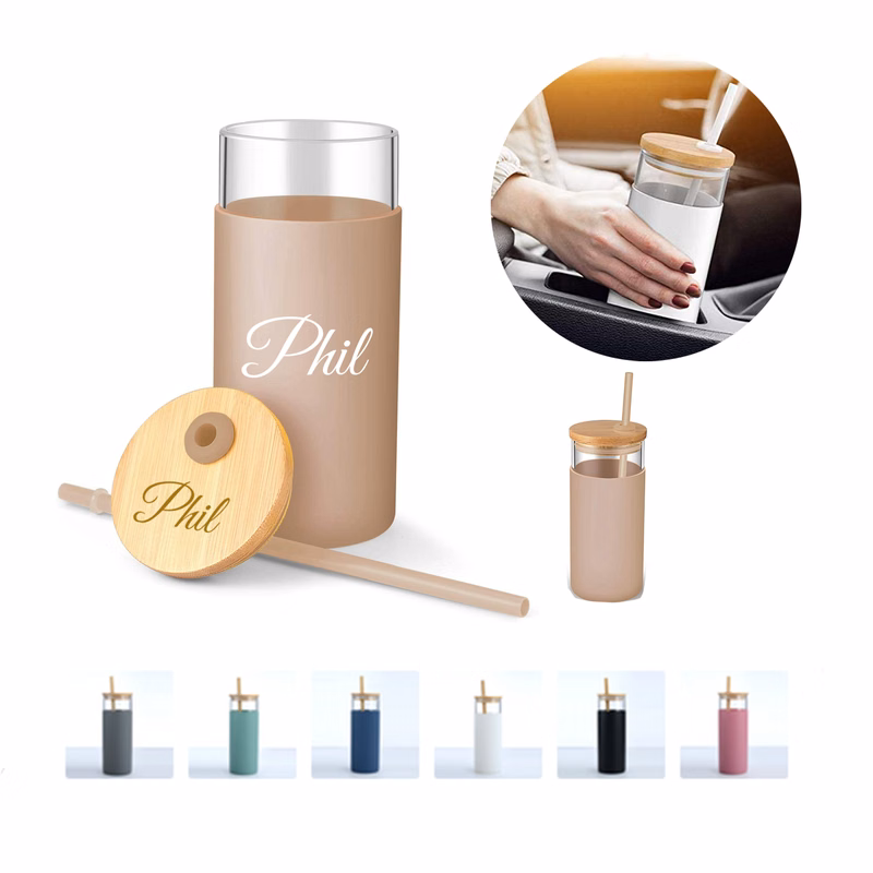 17oz Reusable Bamboo Lid Glass Cup w/ Straw