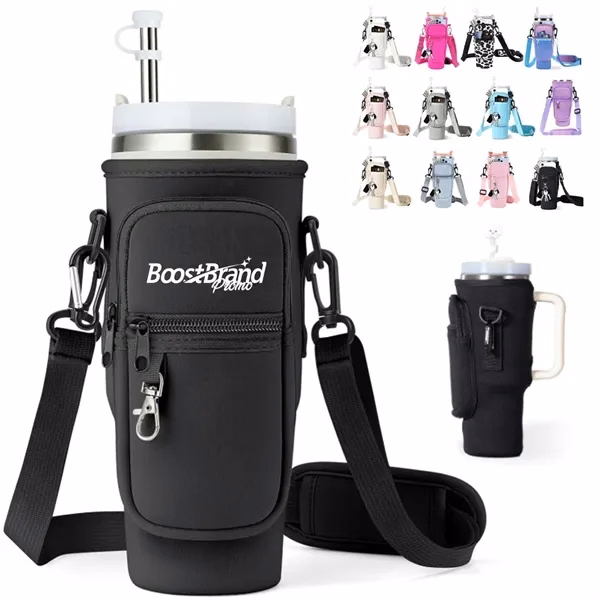 Custom Insulated Beverage Sleeve with Carry Strap — Multi-Pocket Travel Essential