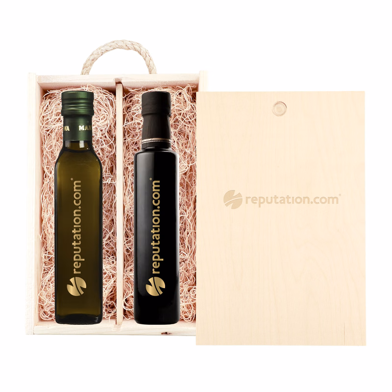 Laser-Engraved Wood Box w/250ml Etched Balsamic Vinegar & Olive Oil w/1 Color Fill