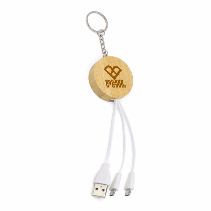3-In-1 Bamboo Usb Data Cable Keychain
