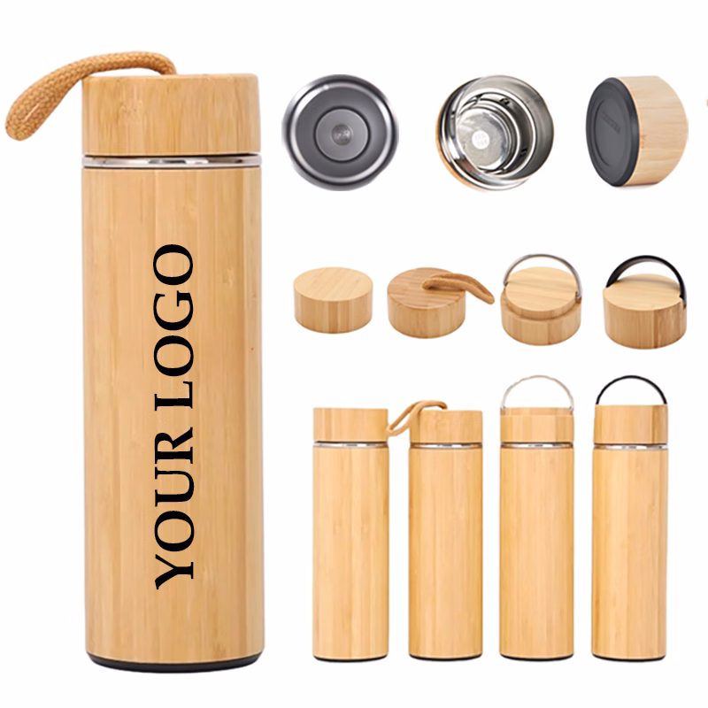 17oz Eco-Friendly Bamboo Steel Water Bottle with Carrying Handle