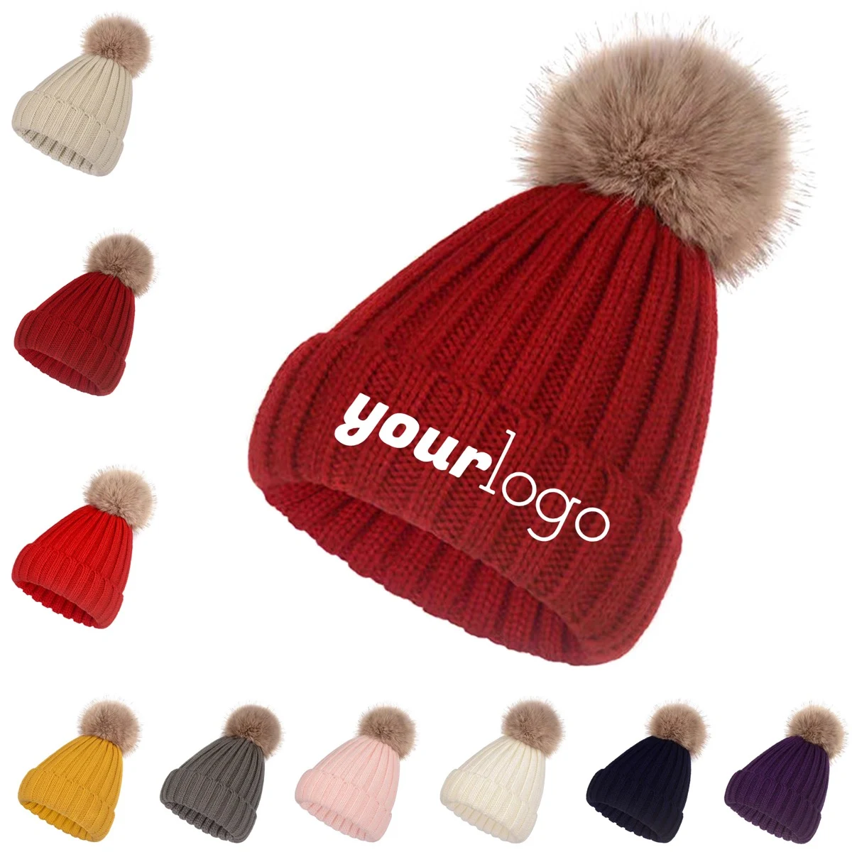 Warm Winter Beanie with Faux Fur Pompom and Fleece Lining 1