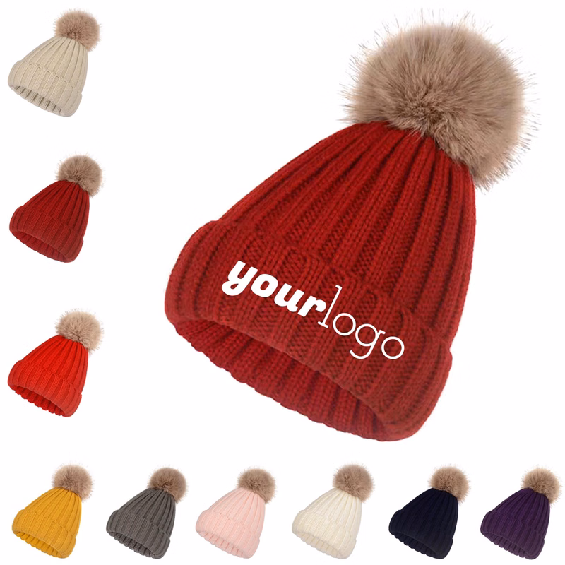 Warm Winter Beanie with Faux Fur Pompom and Fleece Lining