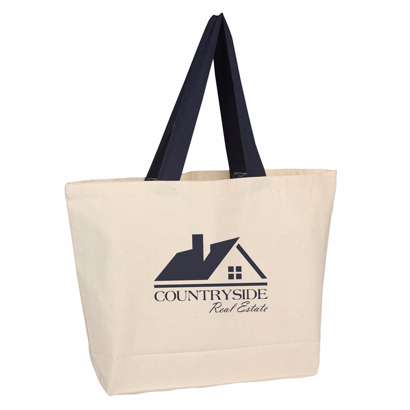 Wide Natural Canvas Tote Bag w/ Colored Webbing Handles