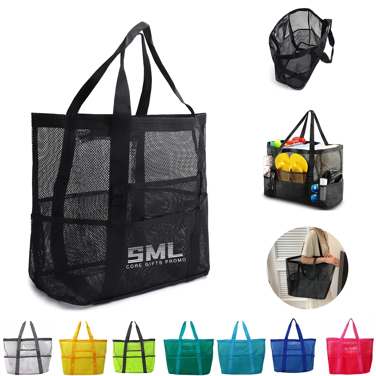 Portable Foldable Mesh Beach Tote Bag, custom tote bag with logo imprint 1