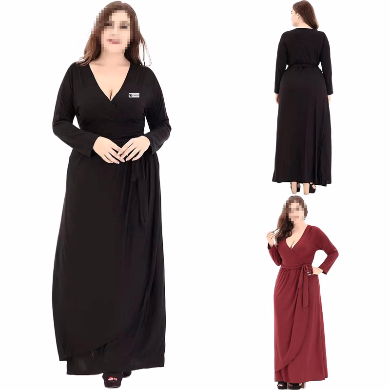 V Neck Long Sleeve Knit Dress w/ Tie Waist