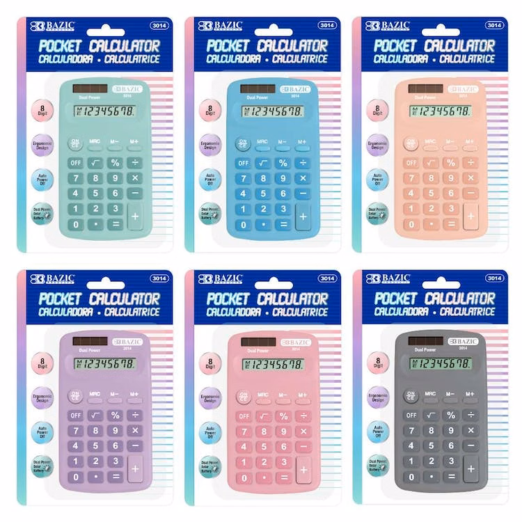 Pocket Size Calculators - Pastel Color 8-Digit Dual Power