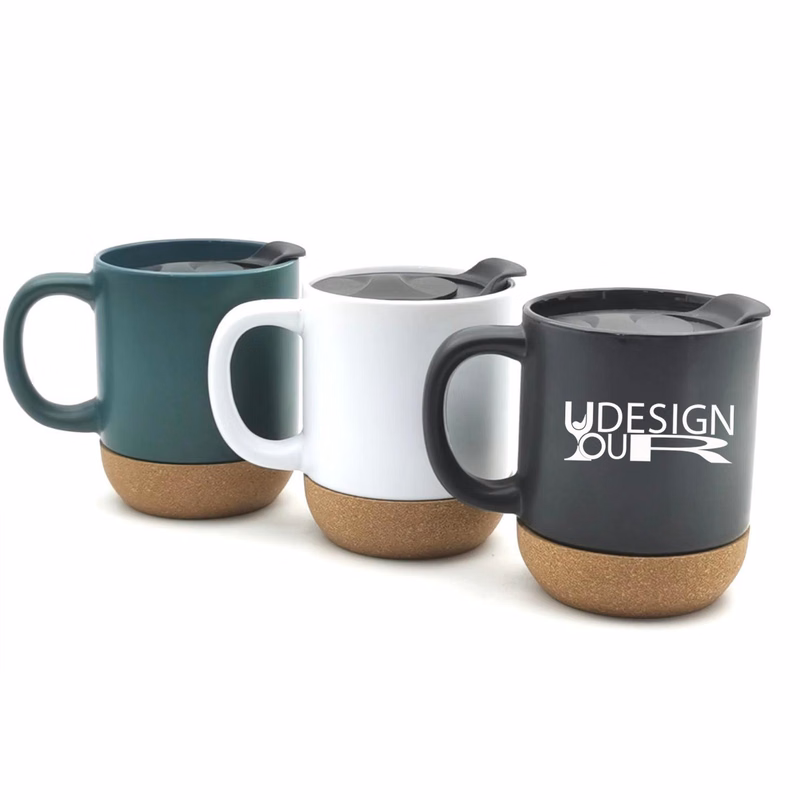 12 Oz Ceramic coffee mug with cork base and spill-proof lid