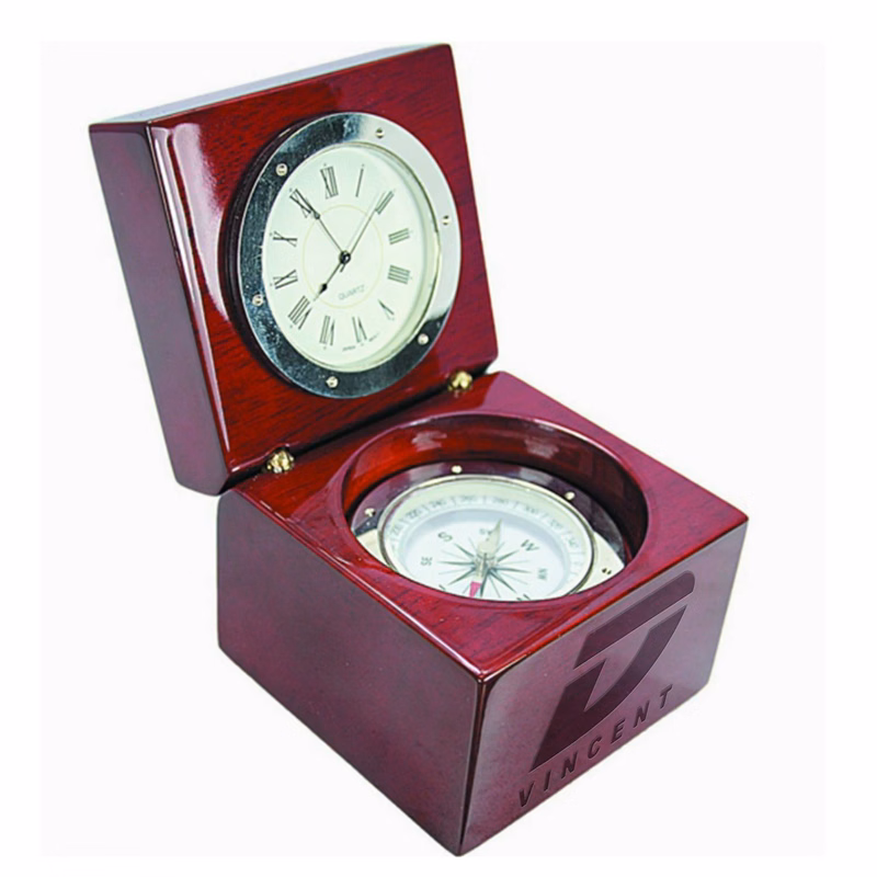 2 in 1 Quartz Clock Compass Rosewood Box