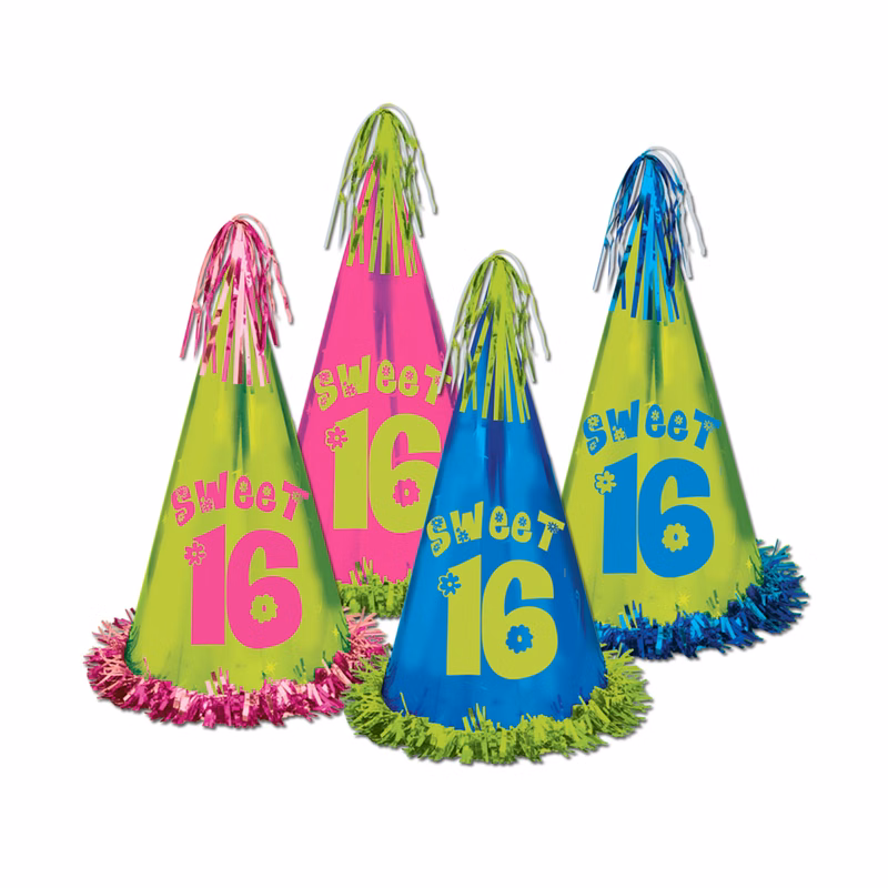 Fringed Foil Sweet 16 Birthday Party Hats