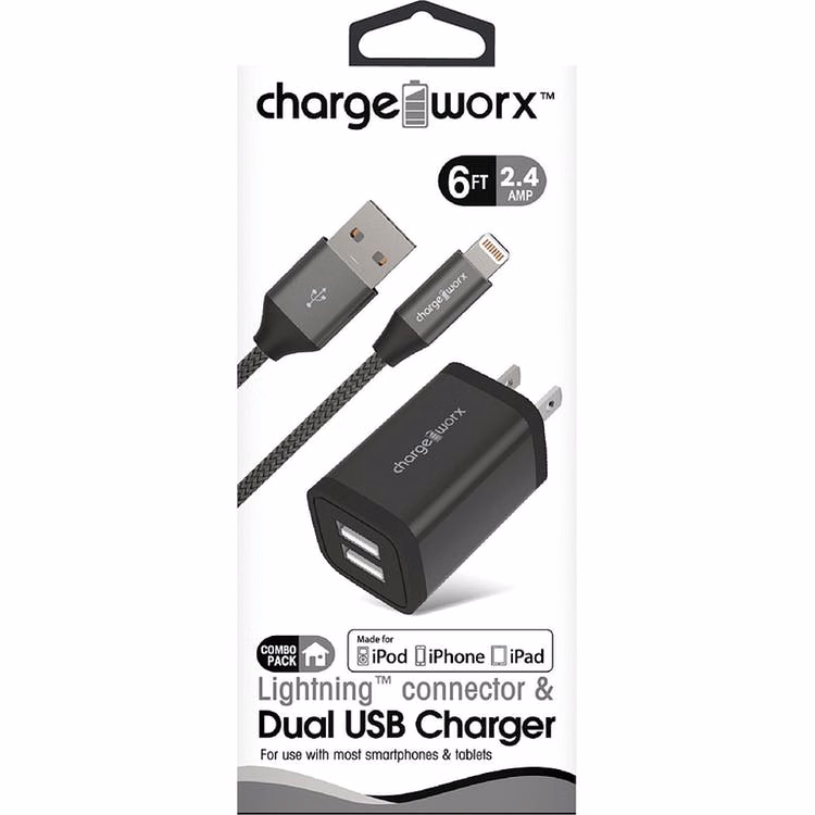 MFi Lightning Connector & Dual USB Chargers - Black 6' Cord 2.4A