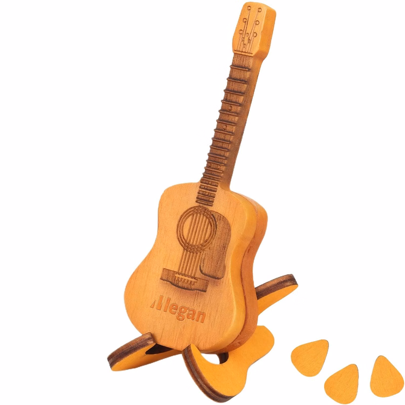Guitar Shaped Wooden Pick Box w/ Stand