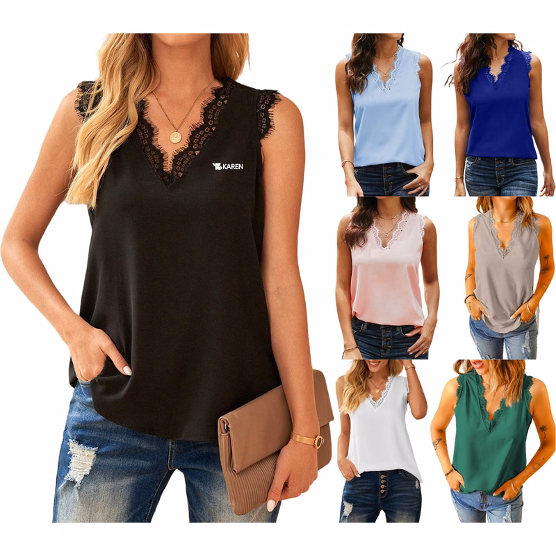 Women Lace Trim V Neck Tank Top