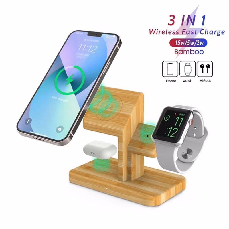 3 in 1 Bamboo Wireless Charging Station