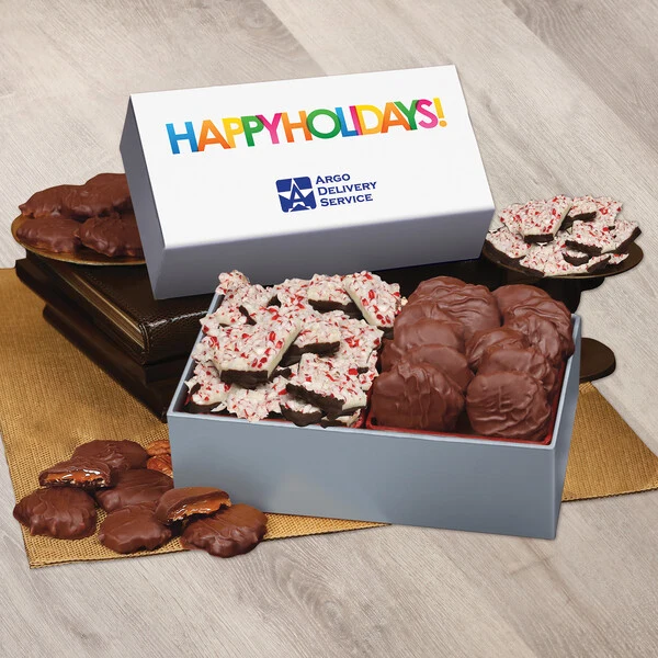 Peppermint Bark & Pecan Clusters in Gift Box with Happy Holidays Sleeve 1