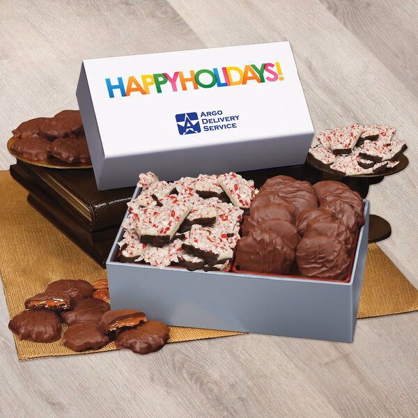 Peppermint Bark & Pecan Clusters in Gift Box with Happy Holidays Sleeve