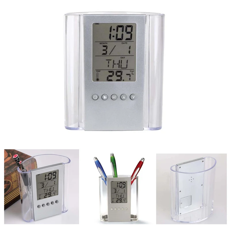 Clear Pen Holder with Calendar Clock Temp 1