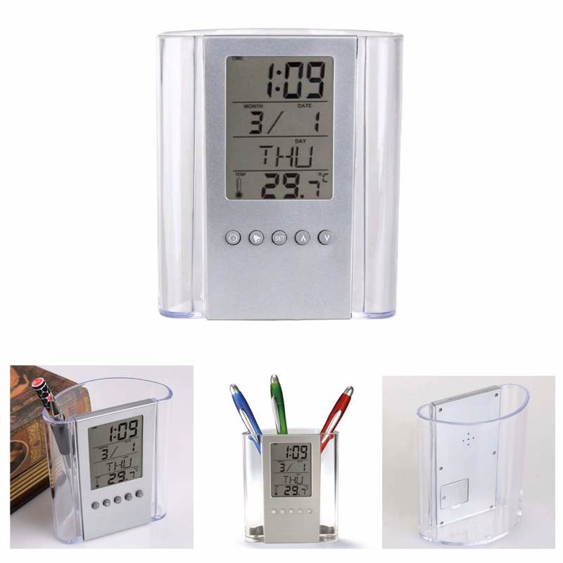 Clear Pen Holder with Calendar Clock Temp