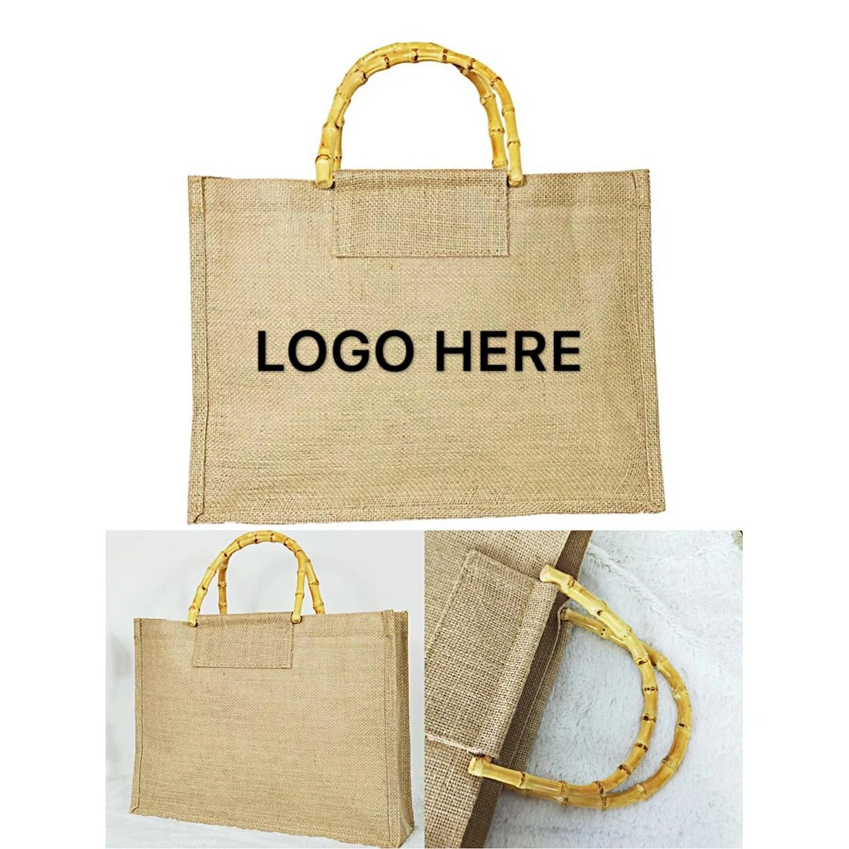 Eco-Friendly Jute Bag With Bamboo Handle, custom tote bag with logo imprint 1