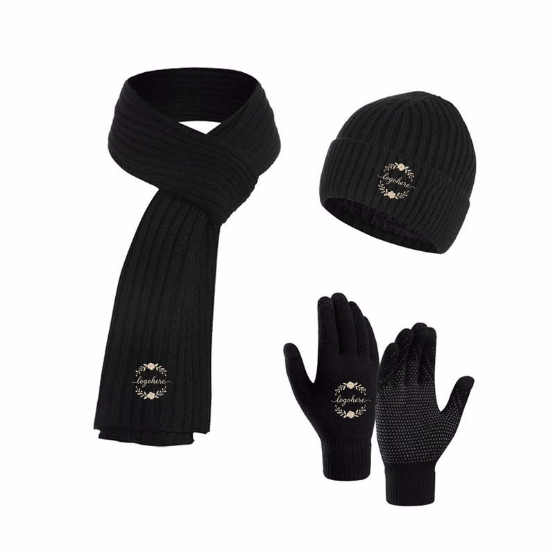 MOQ 10 Thermal Retaining Winter Set Beanie Scarf Touchscreen Gloves