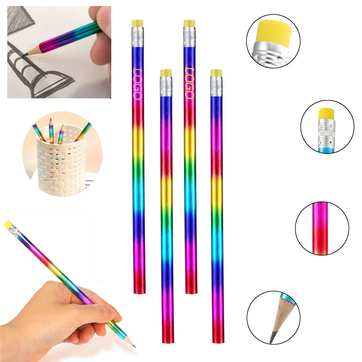 Rainbow Wooden Pencil With Eraser 1