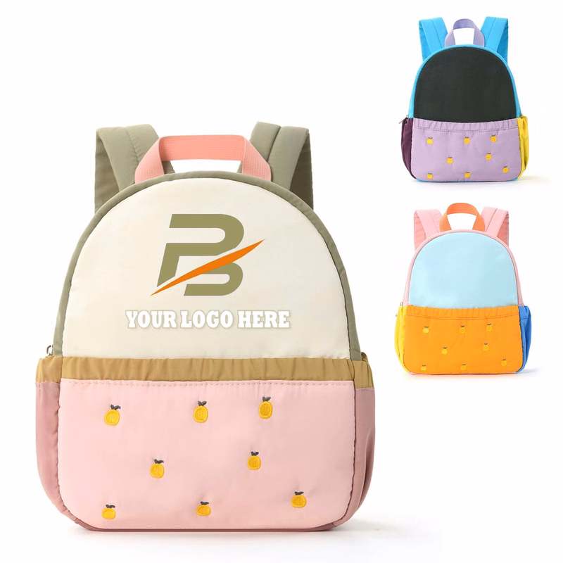 Cute Color Block Kids Backpack with Orange Embroidery