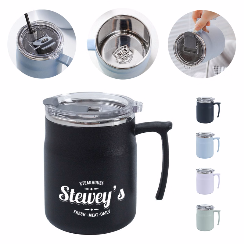 Double-Wall Insulated Stainless Steel Mug with Handle & Leakproof Lid