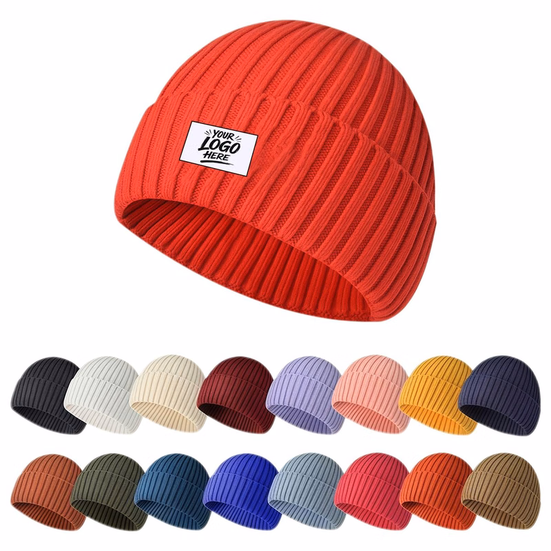 Thick Ribbed Knit Beanie With Custom Woven Label For Winter