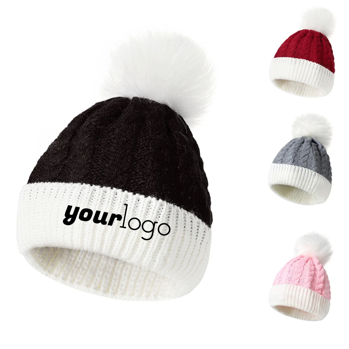 Double Pom Pom Baby Beanie Hat and Mittens Set for Winter 1