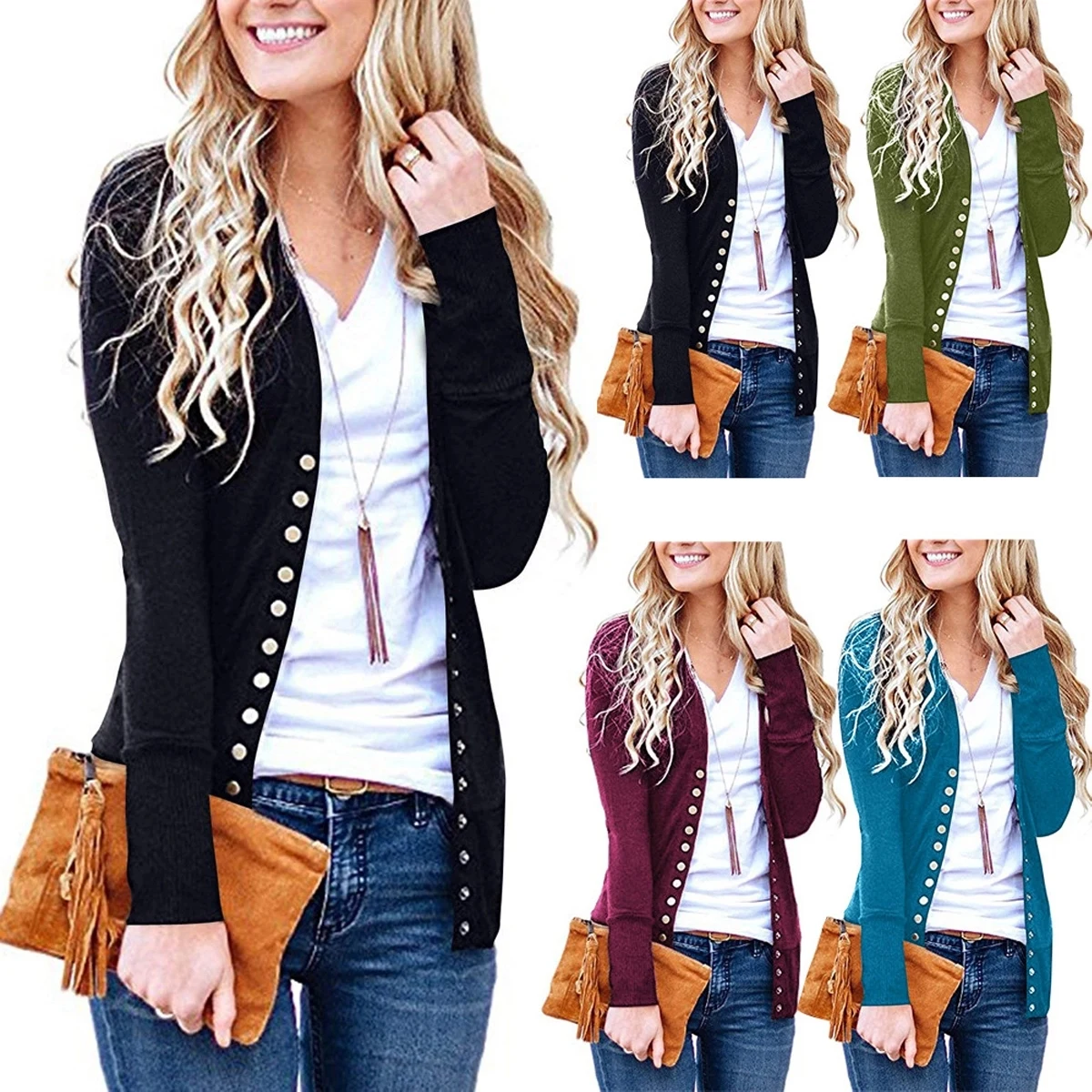 Women's Long Sleeve Snap Button Down Knit Neckline Cardigans 1