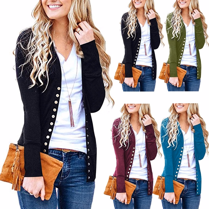 Women's Long Sleeve Snap Button Down Knit Neckline Cardigans