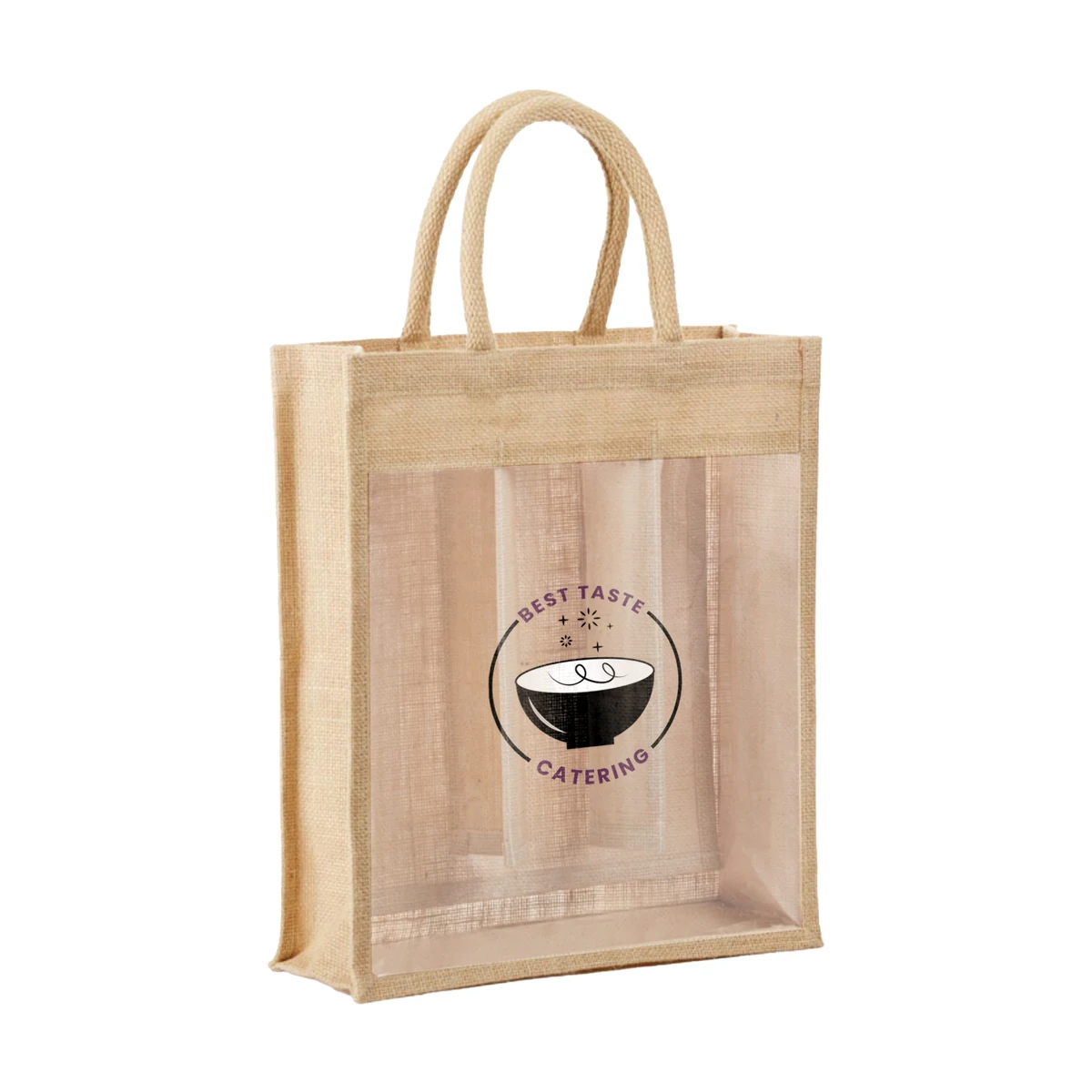 Eco-Friendly Jute Bag with Clear Front for Bottles, custom tote bag with logo imprint 1