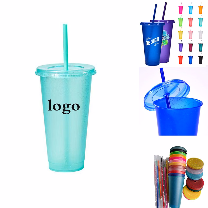 24 oz Reusable Sparkle Plastic Straw Cup with Lid