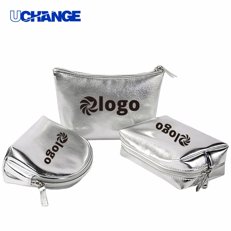 Travel Silver PU Leather Cosmetic Bags Set (3pcs)