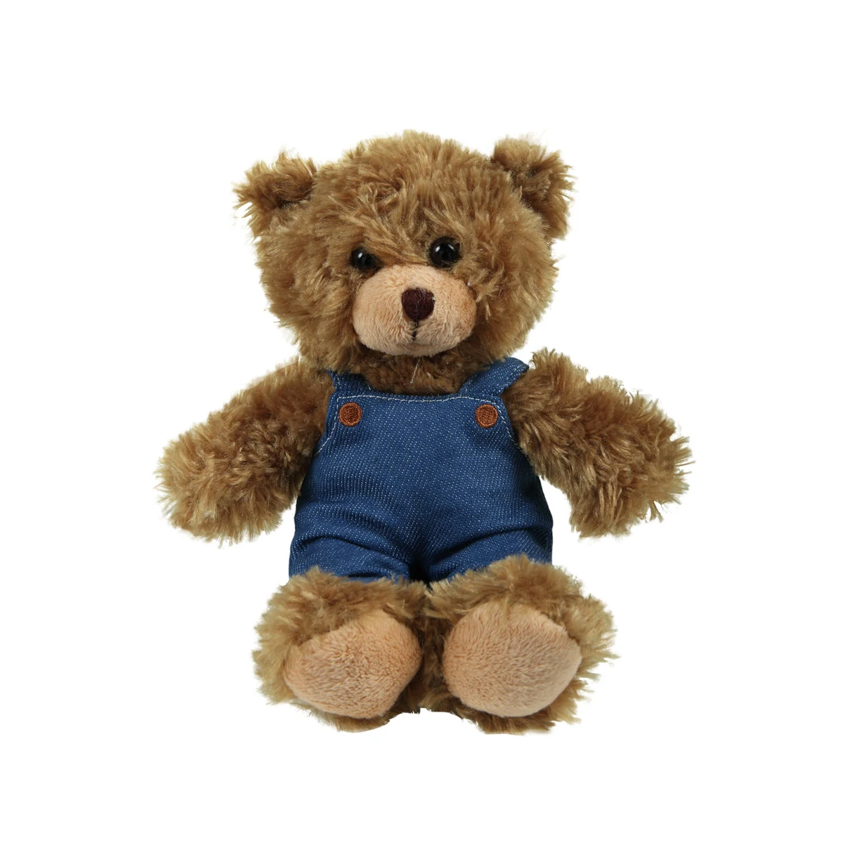 soft plush Mocha Curly Sitting Bear in denim overall 1
