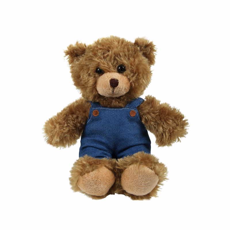 soft plush Mocha Curly Sitting Bear  in denim overall