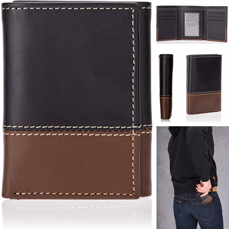 Men Leather Trifold Wallet with ID Window