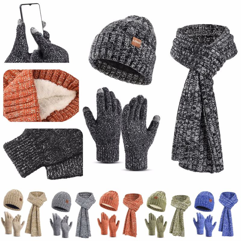 3 In 1 Winter Beanie Hat Gloves Scarf Set