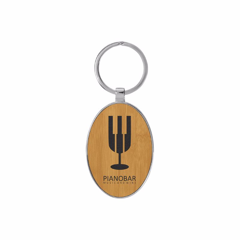 Bamboo Leatherette/Metal Oval Keychain