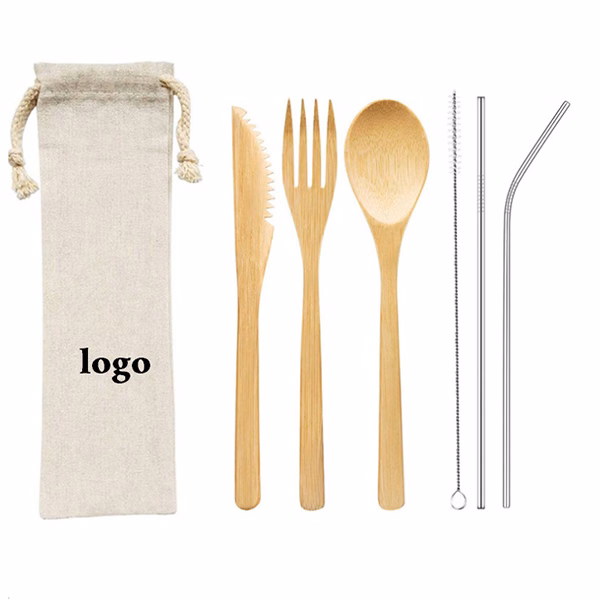Reusable Eco-Friendly Bamboo Cutlery Set with Drawstring Bag