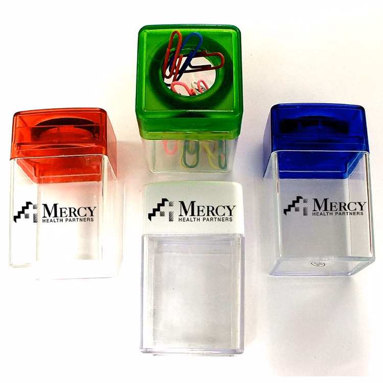 Magnetic paper clip dispenser with colorful paper clips.