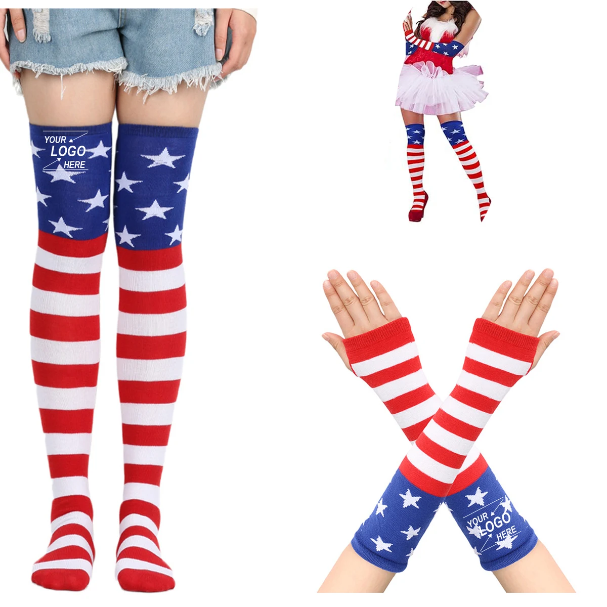 Striped Knee High Socks and Winter Gloves Bundle 1