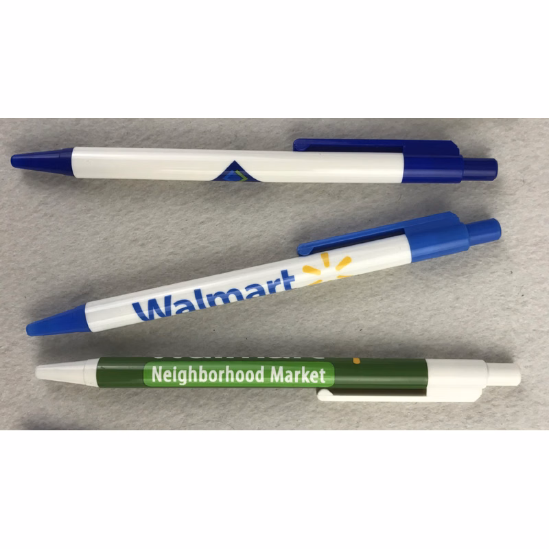 Custom Plastic Pens with Logos Imprinted and Wrapped Around the Barrel
