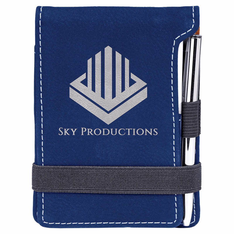 3 1/4" x 4 3/4" Blue/Silver Leatherette Mini Notepad with Pen